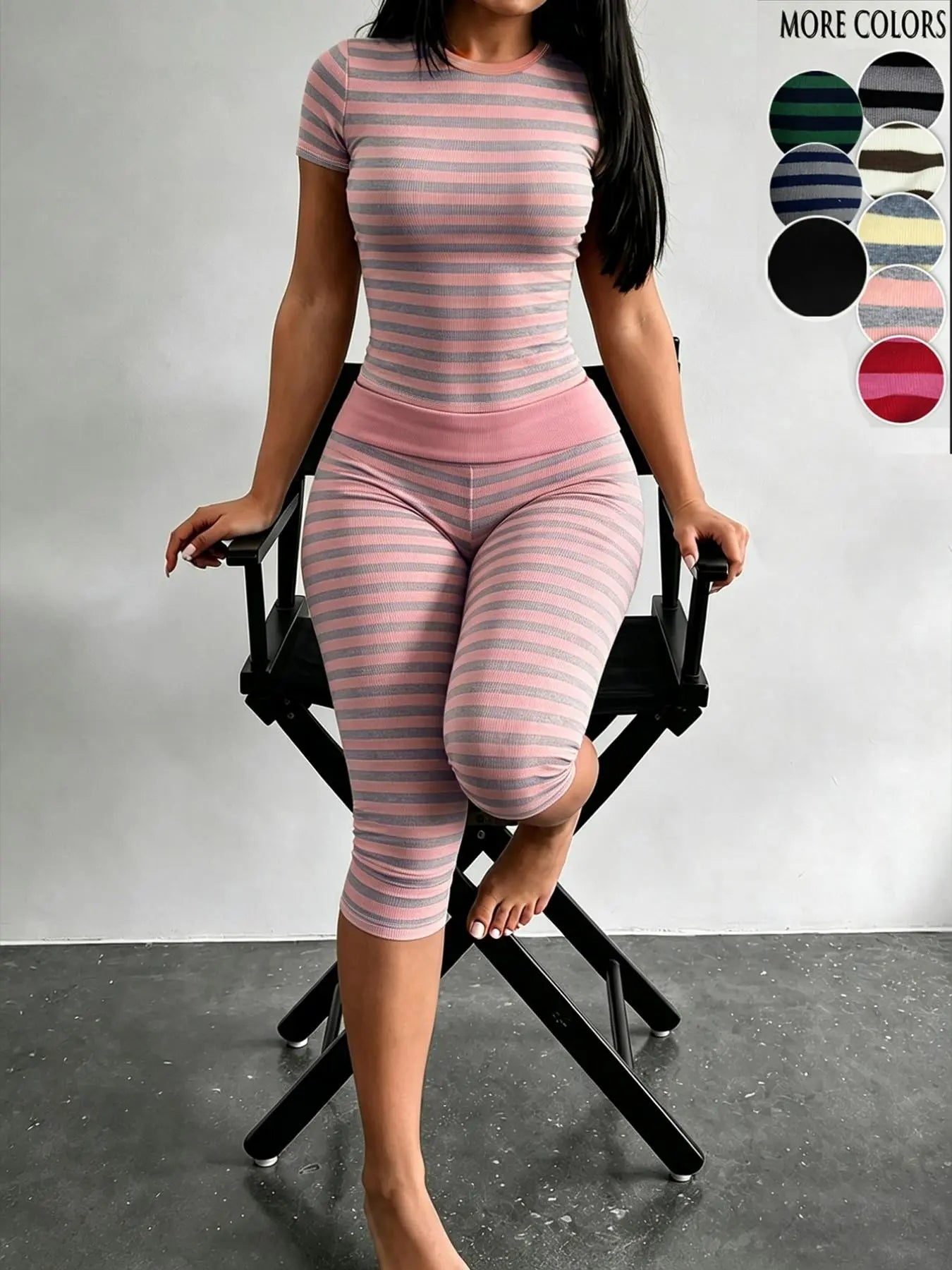 Yellow Grey Striped Two Piece Loungewear Set Crew Neck Short Sleeve Slim Crop Top High Waist Capri Leggings Stretch Fitted Matching Outfit ideal for home relaxation gym training grocery runs and casual everyday all season comfy outfits