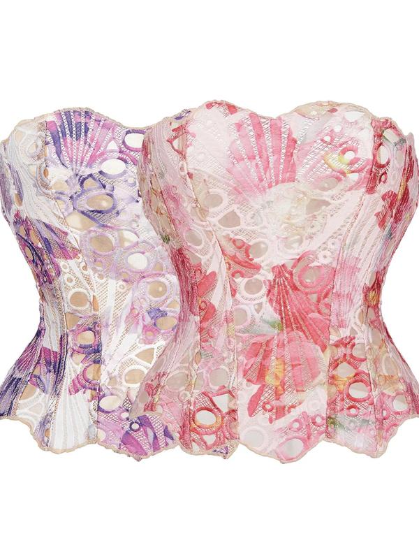 Women's Random Pattern Lace Up Shapewear Tube Top, Elegant Contrast Lace Corset Top, Tummy Control Shapewear for Women