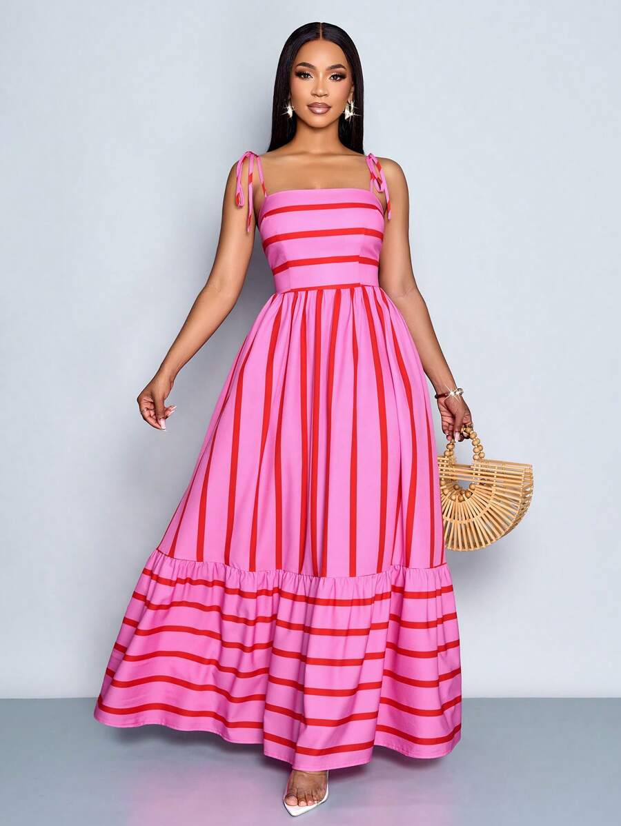 Women's Blue And White Stripe Flowing Maxi Dress,Summer Elegant Holiday Tea Party Holiday,Shoulder Straps Chest Gathering,Beach Casual Gown