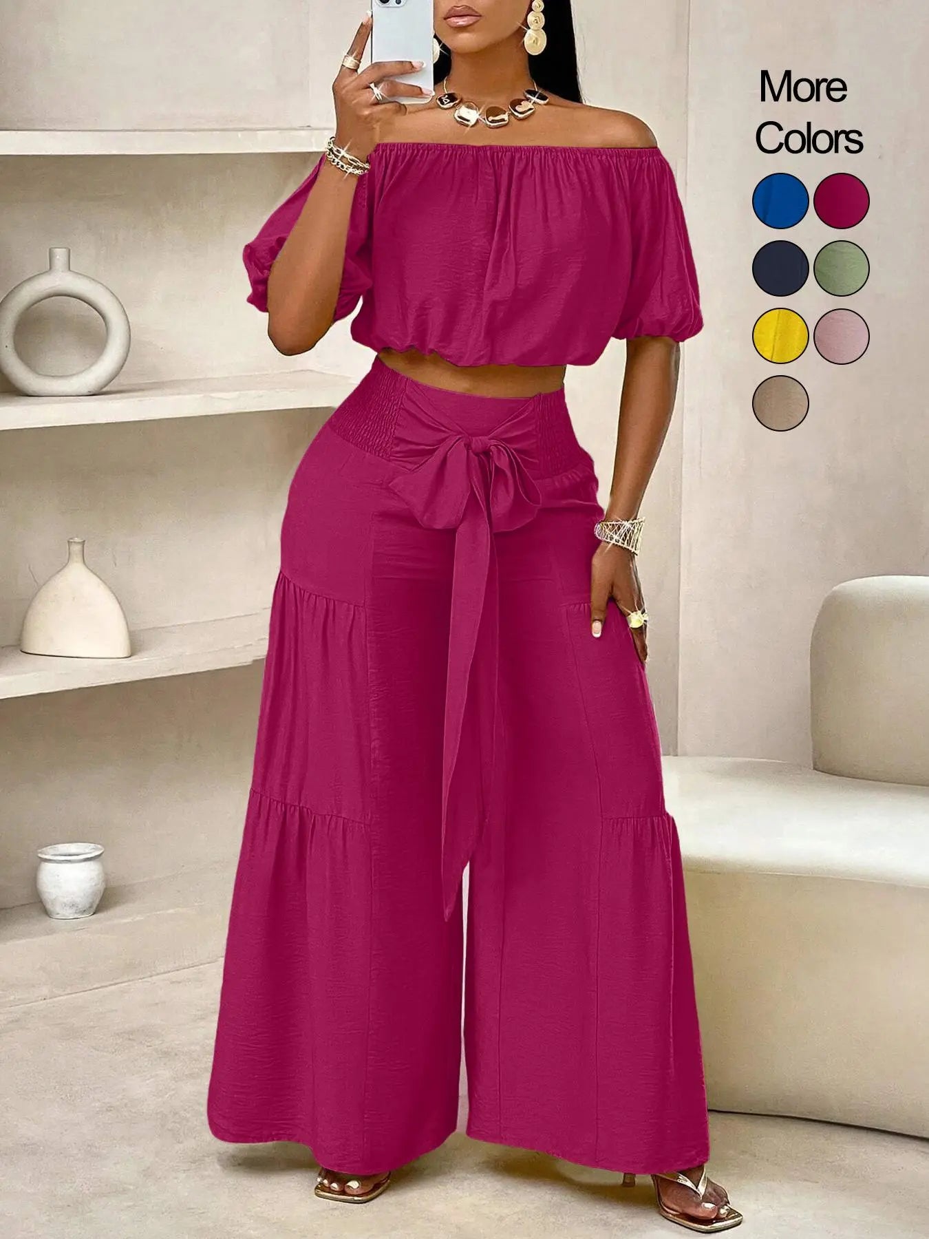 Summer Beach Vacation Bow Shoulderless Round Neck Shirt Wide Leg Pants Set, Casual Loose-Fitting, Women's Fashion, Womenswear