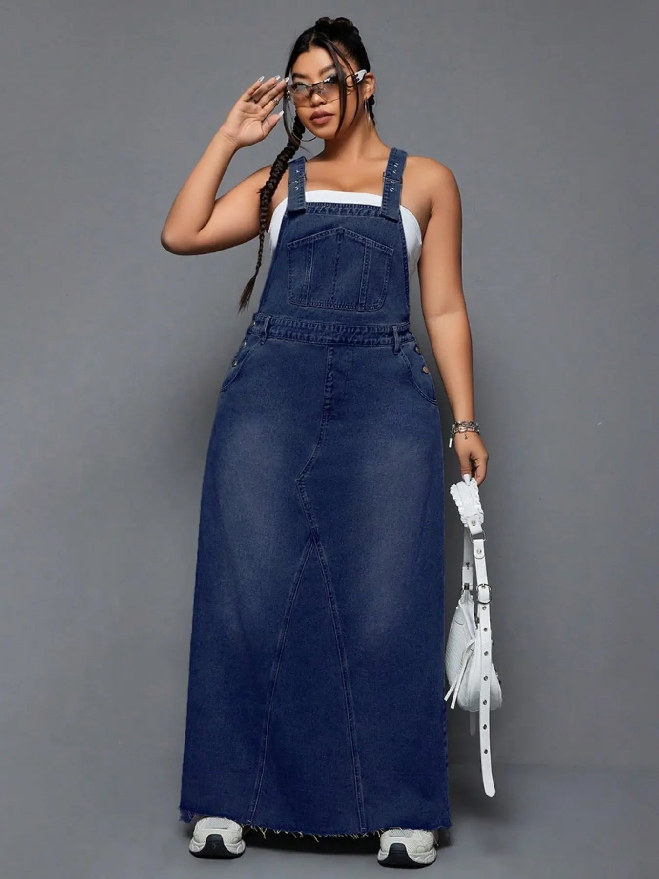 Plus Size Women's Summer Punk Casual Style Frayed Denim Strap Dress, Essential for Daily Outings, Trendy and Comfortable Long Skirt