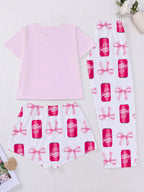 3-Piece Casual Sleepwear Set Pajamas Loungewear for Women Lady with Bow Print
