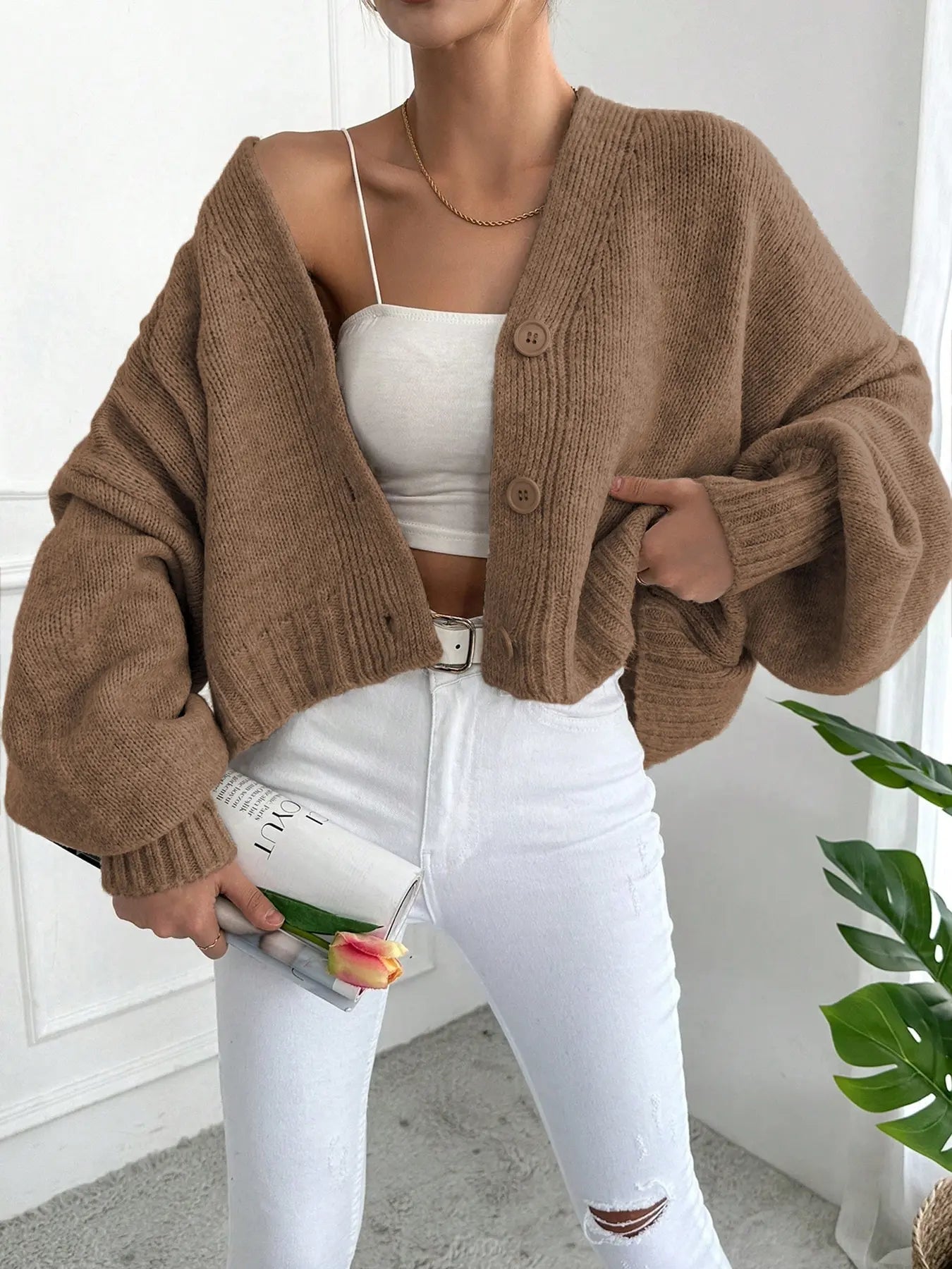Women's V Neck Lantern Sleeve Sweater, Casual Baggy Loose-Fit Knitted Cardigan, Fall & Winter Fashion, Plain Color, One Button Design, Knitwear, Long Sleeve Tops