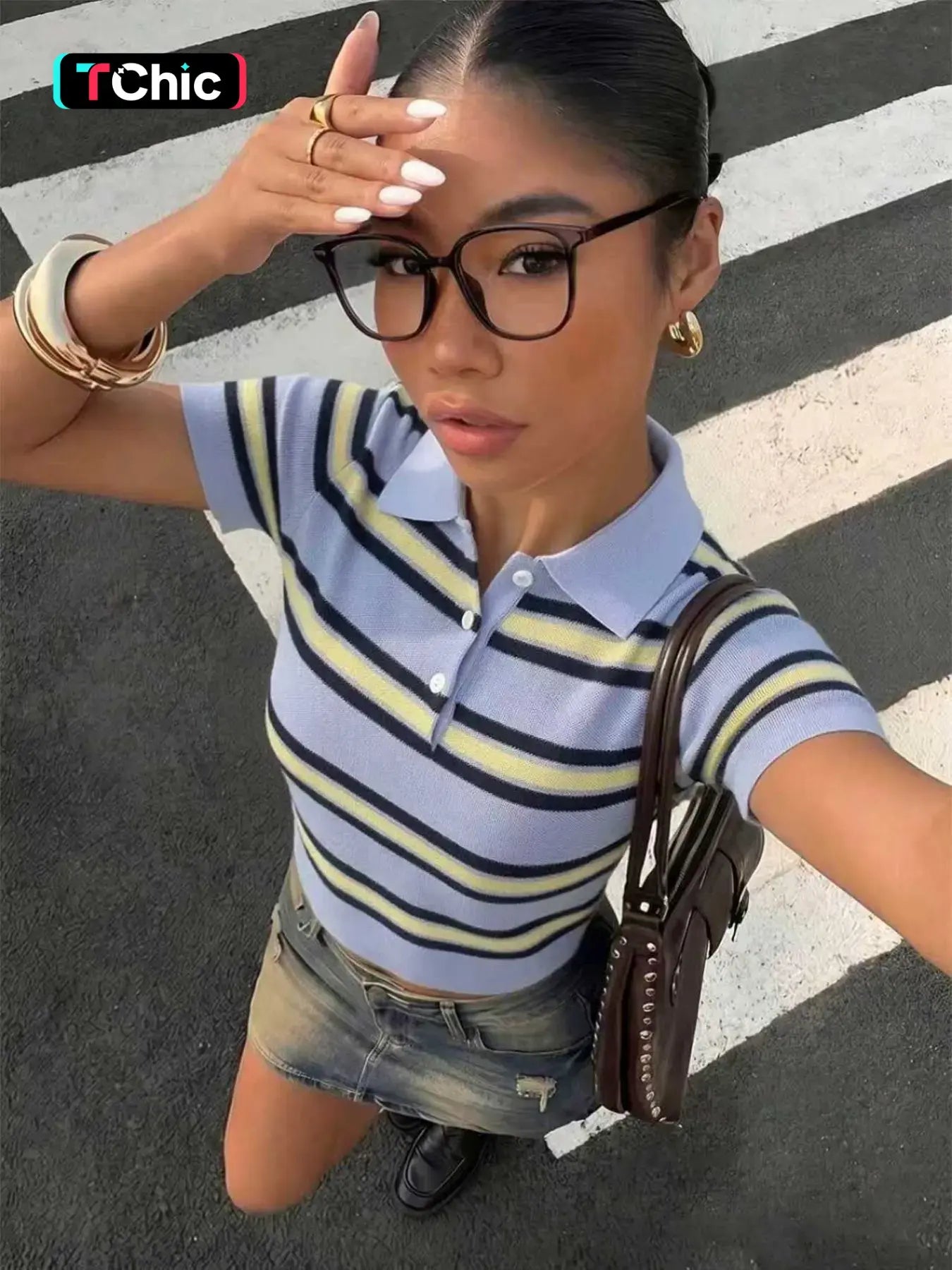 Women's Preppy Striped Knit Polo Shirt, Slim-Fit Short-Sleeve with Contrast Collar, Soft Lightweight Summer Top, Striped Polo Shirts