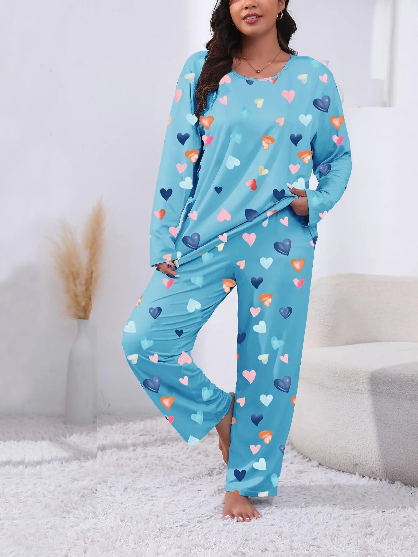 Plus Size Heart Print Pyjama Lounge Set for Women