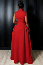 Mock Neck Sleeveless Cinched Seam Detail Party Maxi Dresses-Red