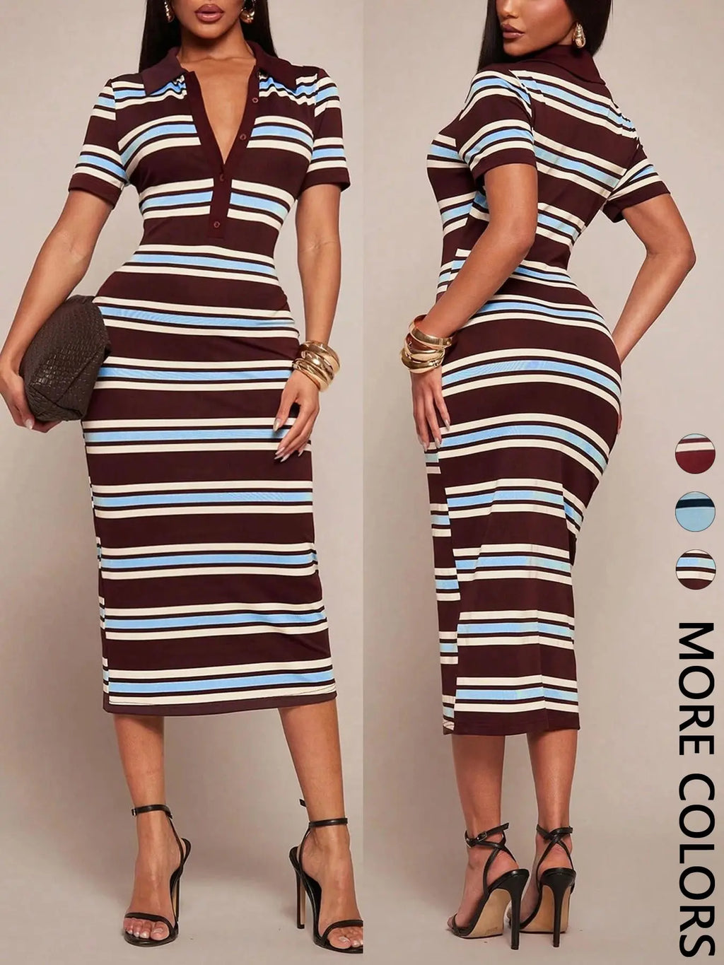Women's Knit Striped Polo Midi Dress, Short Sleeve, Button Placket, Contrast Color, Daily Casual Date & Party Wear, Breathable Stretchy & Soft, Retro Street Style