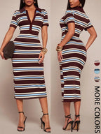 Women's Knit Striped Polo Midi Dress, Short Sleeve, Button Placket, Contrast Color, Daily Casual Date & Party Wear, Breathable Stretchy & Soft, Retro Street Style