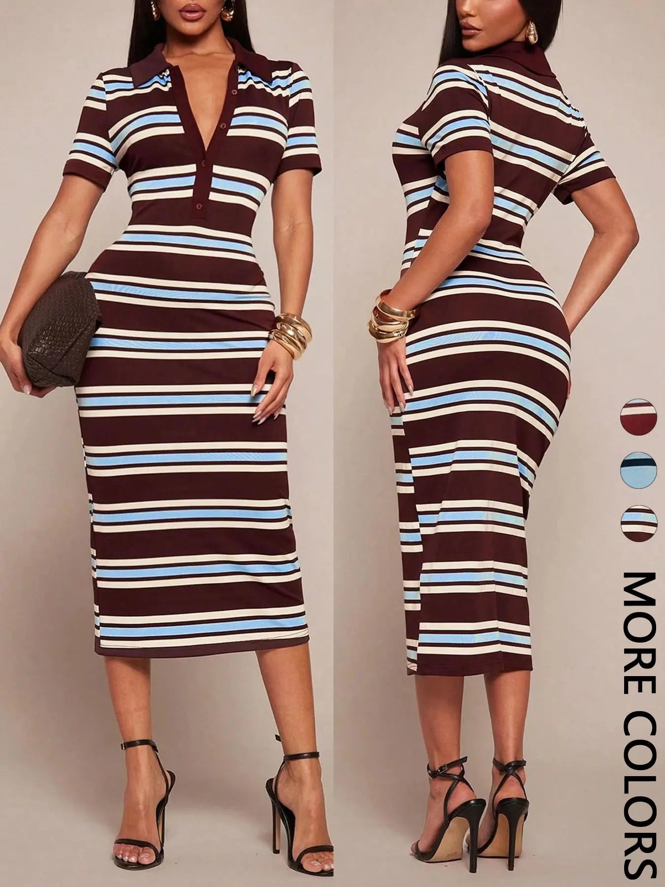 Women's Knit Striped Polo Midi Dress, Short Sleeve, Button Placket, Contrast Color, Daily Casual Date & Party Wear, Breathable Stretchy & Soft, Retro Street Style