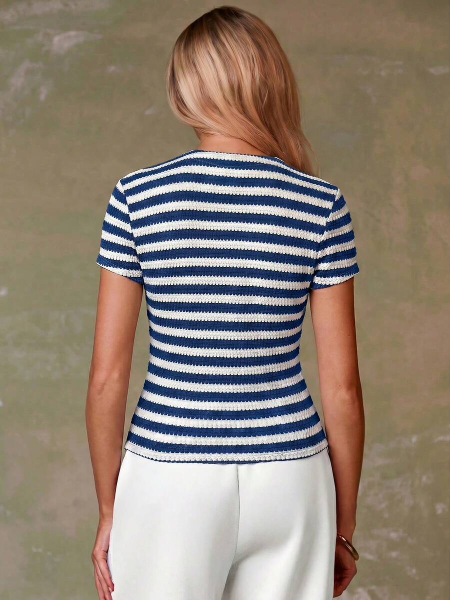 Women's Casual Red Single-Breasted Short Sleeve Fitted Top,Red Top,Christmas, Cute Vacation,Resort Wear,Summer Holiday,Spring,Spring Break,Beach