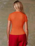 Women's Casual Red Single-Breasted Short Sleeve Fitted Top,Red Top,Christmas, Cute Vacation,Resort Wear,Summer Holiday,Spring,Spring Break,Beach