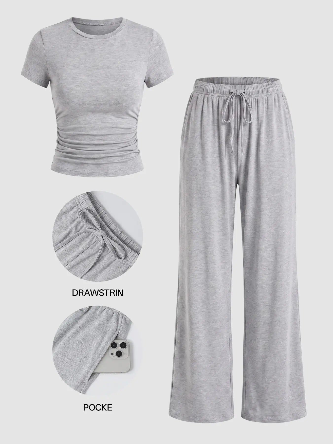 Ladies Autumn Casual Home Lounge Set, High Stretch Soft Fabric, Crew Neck, Wide Leg Tracksuit Pants, 2-Piece, Comfortable & Flattering
