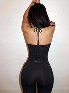 Slaydiva Black Strapless Eyelet Lace-Up Corset & Capri Pants Set - Sexy Bodycon 2 Pieces Outfit For Women-A,Summer Outfits For Women