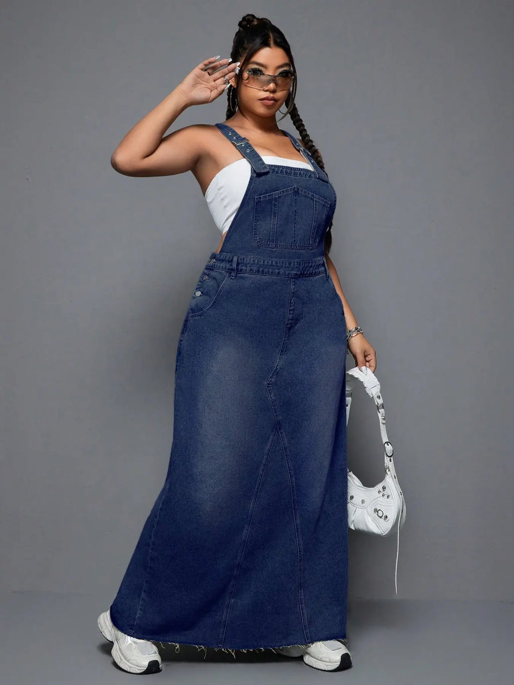 Plus Size Women's Summer Punk Casual Style Frayed Denim Strap Dress, Essential for Daily Outings, Trendy and Comfortable Long Skirt