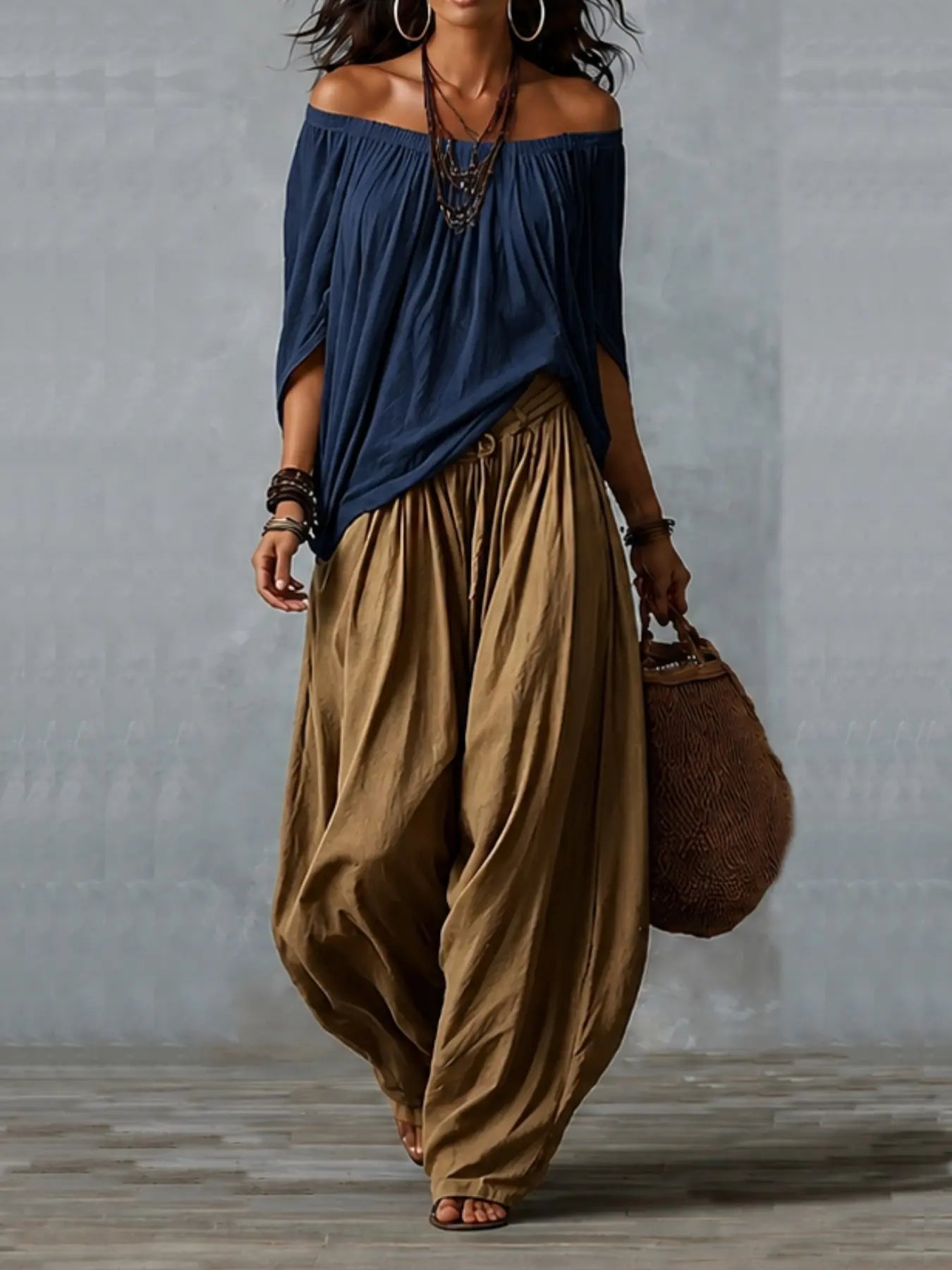 2026 New Women Two Piece Matching Set, Oversized Long off Shoulder Blouse, Elastic Cuff Lantern Pants, Casual Vacation Streetwear