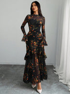 Women's Gothic Elegant Sexy Mesh Splicing Colorful Print Retro Petal Sleeves Ruffle Mermaid Hem Double Layer Dress
