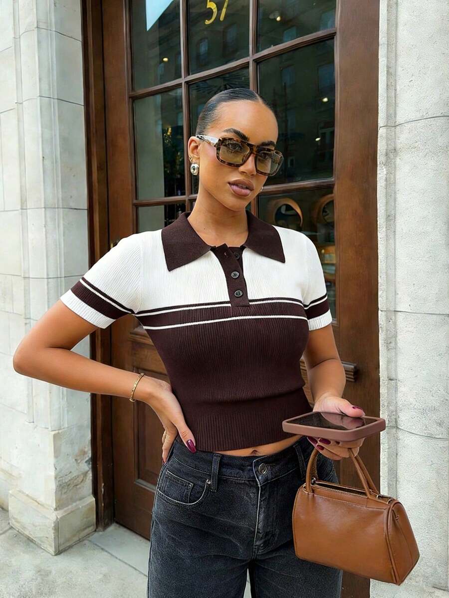 Spring/Summer Y2K Coffee & White Colorblock Polo Collar Short Sleeve Knit Top, Ribbed Vintage Soft Casual, Suitable For Daily And Party Wear