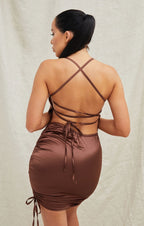 Satin Ruched Cross Over Back Strappy Bodycon Mini Dress