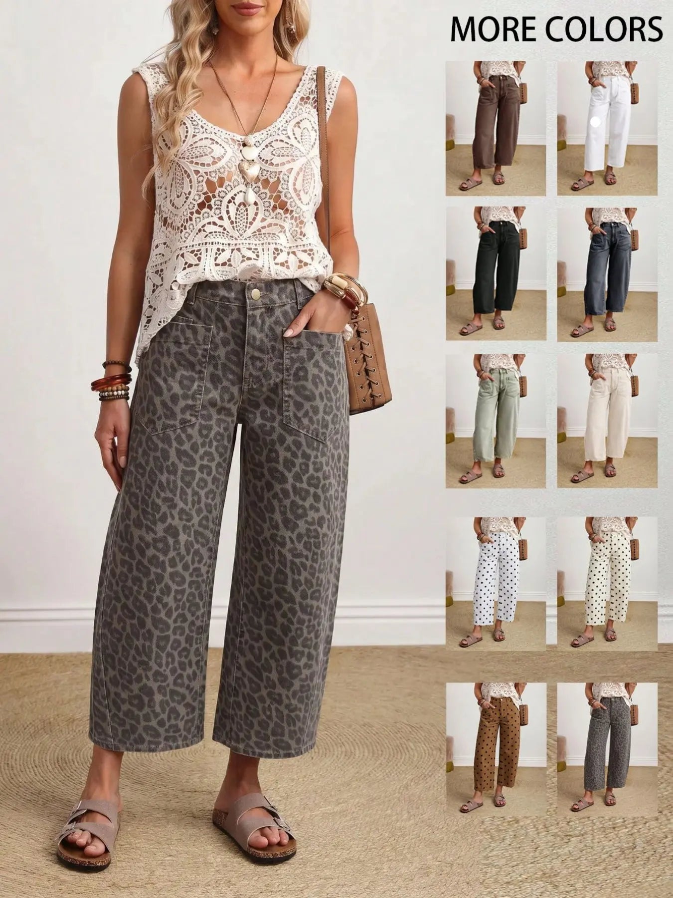 Coffee Color Patch Pocket Lantern Jeans, Casual Comfy Jeans, High Waist Loose Fit Retro Vacation Style Casual Pants