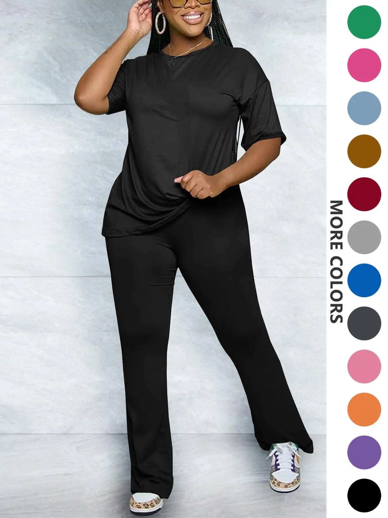 Women's Solid Round Neck Drop Shoulder Fitted Tee & Pants Two-piece Set, Casual Basic Fashion Cozy Half Sleeve T-shirt & Trousers for Daily Outdoor Wear, Women's Clothing for Fall, Casual Loungewear Set
