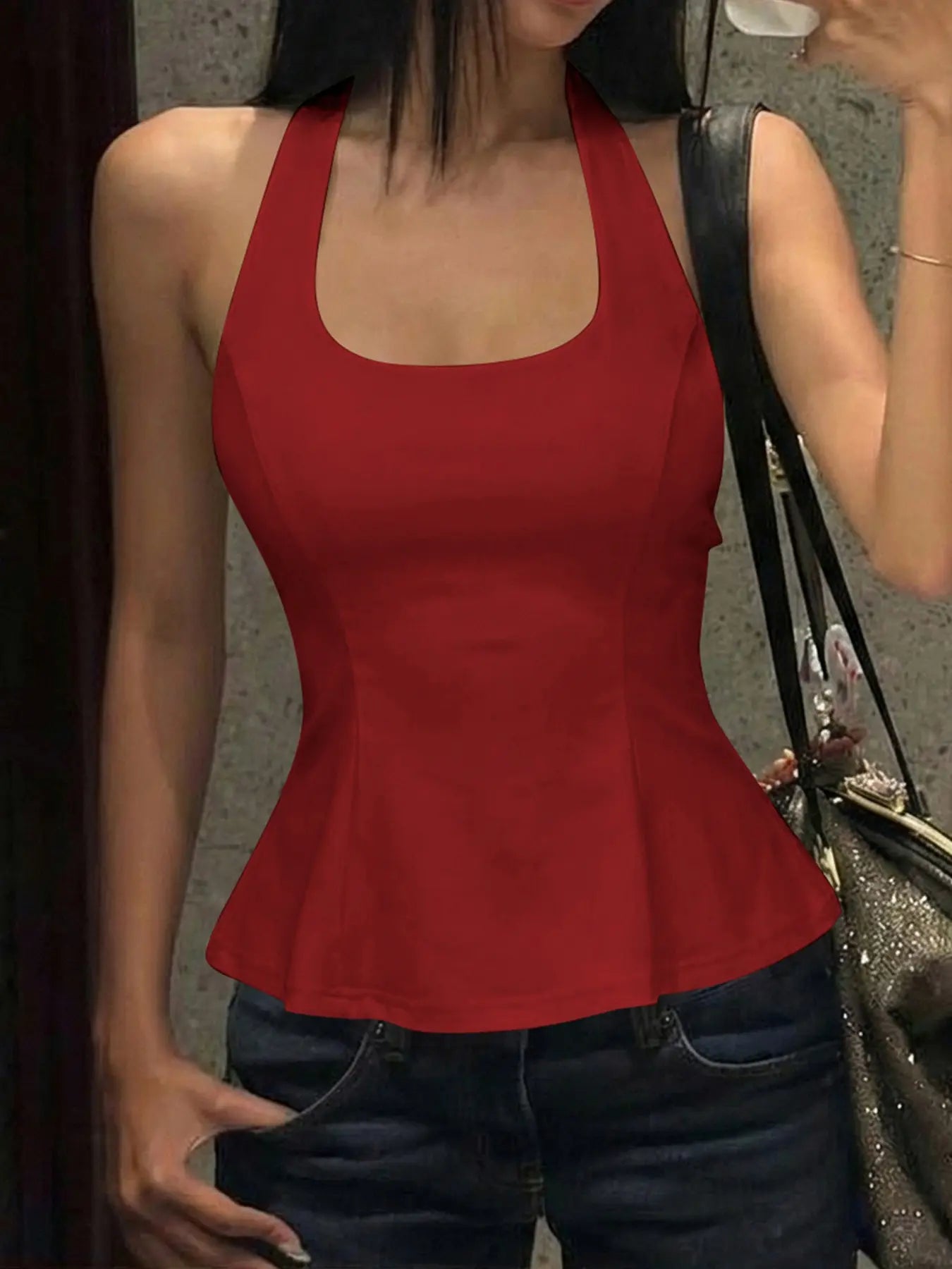 Women's Solid Color Ruffled Hem Tie-back Halter Tank Top, U Neck Tie-neck Lace-up Sleeveless Backless Plain Fit & Flare Cami Camisole Top, Party Club Date Holiday Daily Casual Sweet Crop Tops For Ladies Summer Fashion Clothes Wear