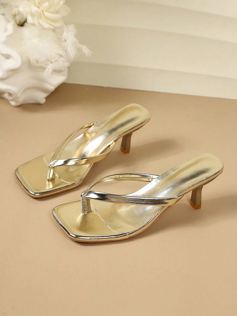Square Toe Wide Foot Thong Sandals With Thin Heel, Versatile Outdoor Wear Thin Heel Thong Flip Flops For Women, Chic & Elegant