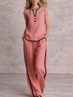 2 Piece Sets Women Minimal Chic Outfit – Sleeveless V Neck Top & Wide Leg Pants, Contrast Trim Linen Set, Elegant Summer Vacation Outfit 2026