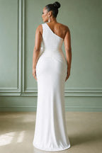 Oblique Collar Ruched 3D Floral Slit Slim Fit Maxi Dresses-White