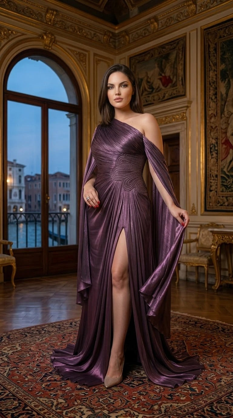 Metallic One-Shoulder Cape Maxi Dress