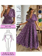 Plus Size French Floral Dress, Deep V Neck Waist Cinch Slimming Short Sleeve Long Dress, Vacation Style, Women's Fashion