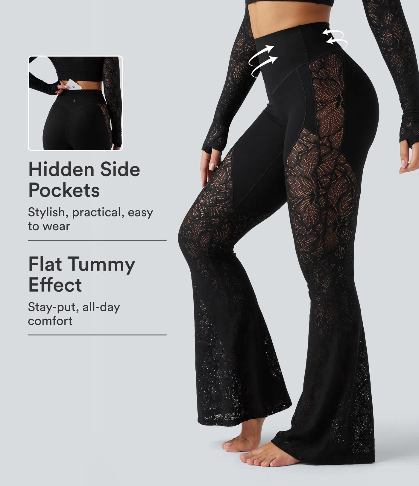 UltraSculptTM High Waisted Tummy Control Contrast Lace Yoga Flare Leggings with Pocket