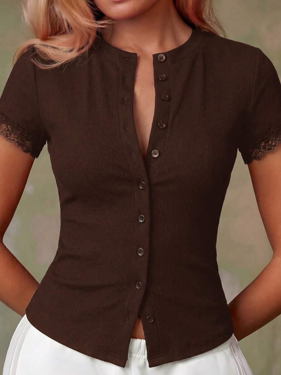 Women's Casual Red Single-Breasted Short Sleeve Fitted Top,Red Top,Christmas, Cute Vacation,Resort Wear,Summer Holiday,Spring,Spring Break,Beach