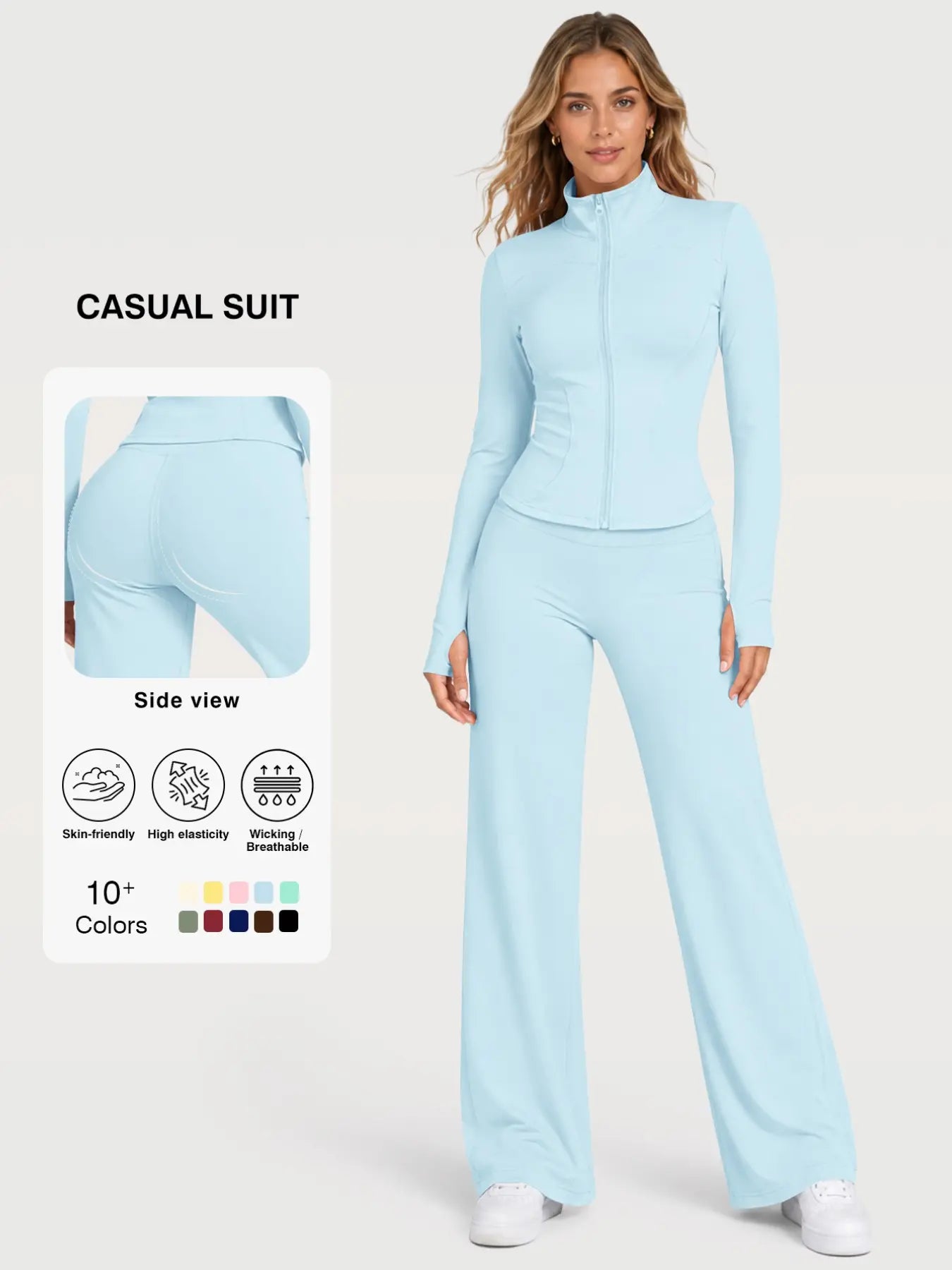 Flexaura Two-Piece Set, High-Waist Wide-Leg Pants & Zipper Jacket, Breathable Sporty, Long Sleeve, All Seasons, Yoga & Gym Wear