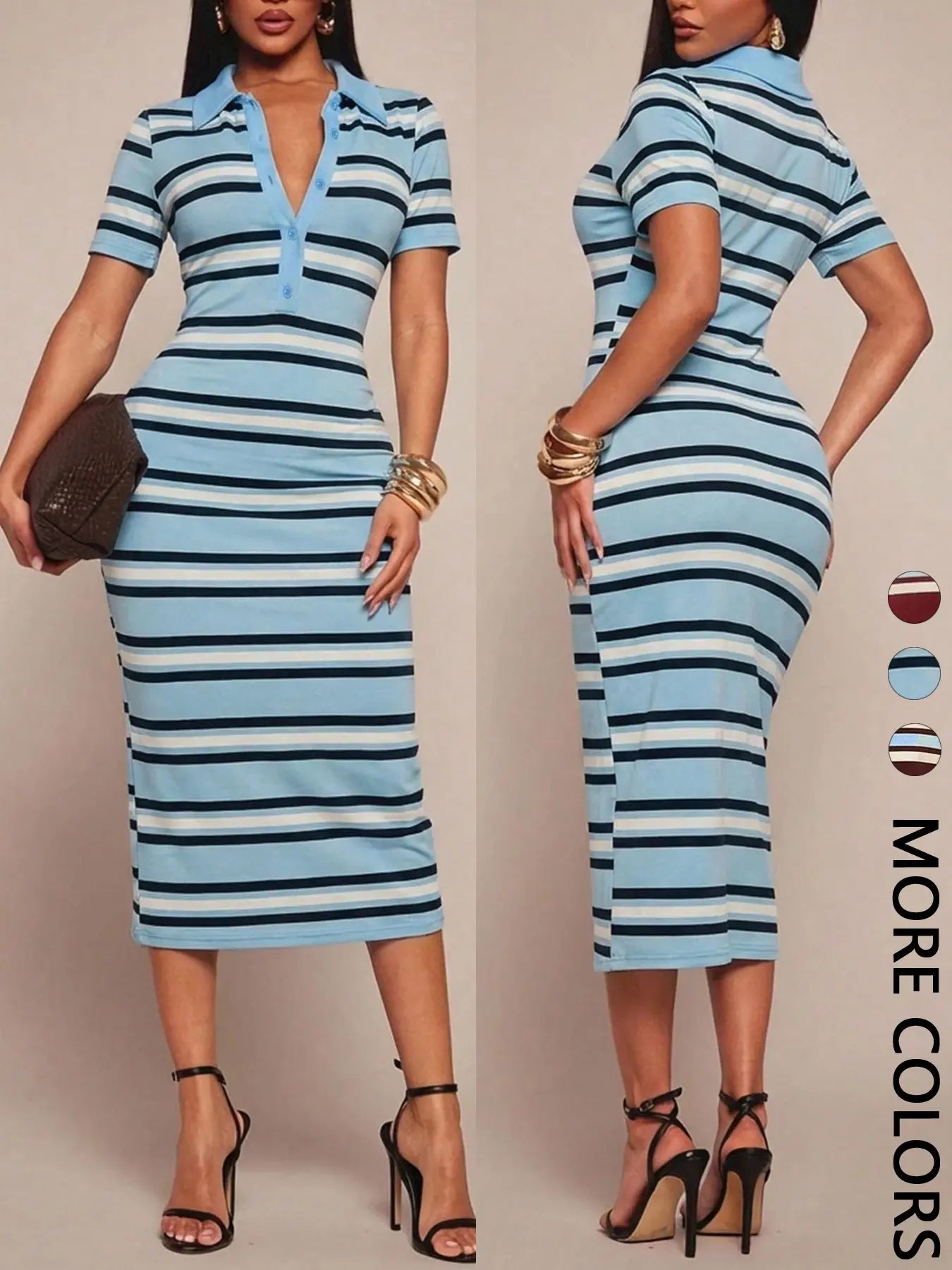 Women's Knit Striped Polo Midi Dress, Short Sleeve, Button Placket, Contrast Color, Daily Casual Date & Party Wear, Breathable Stretchy & Soft, Retro Street Style