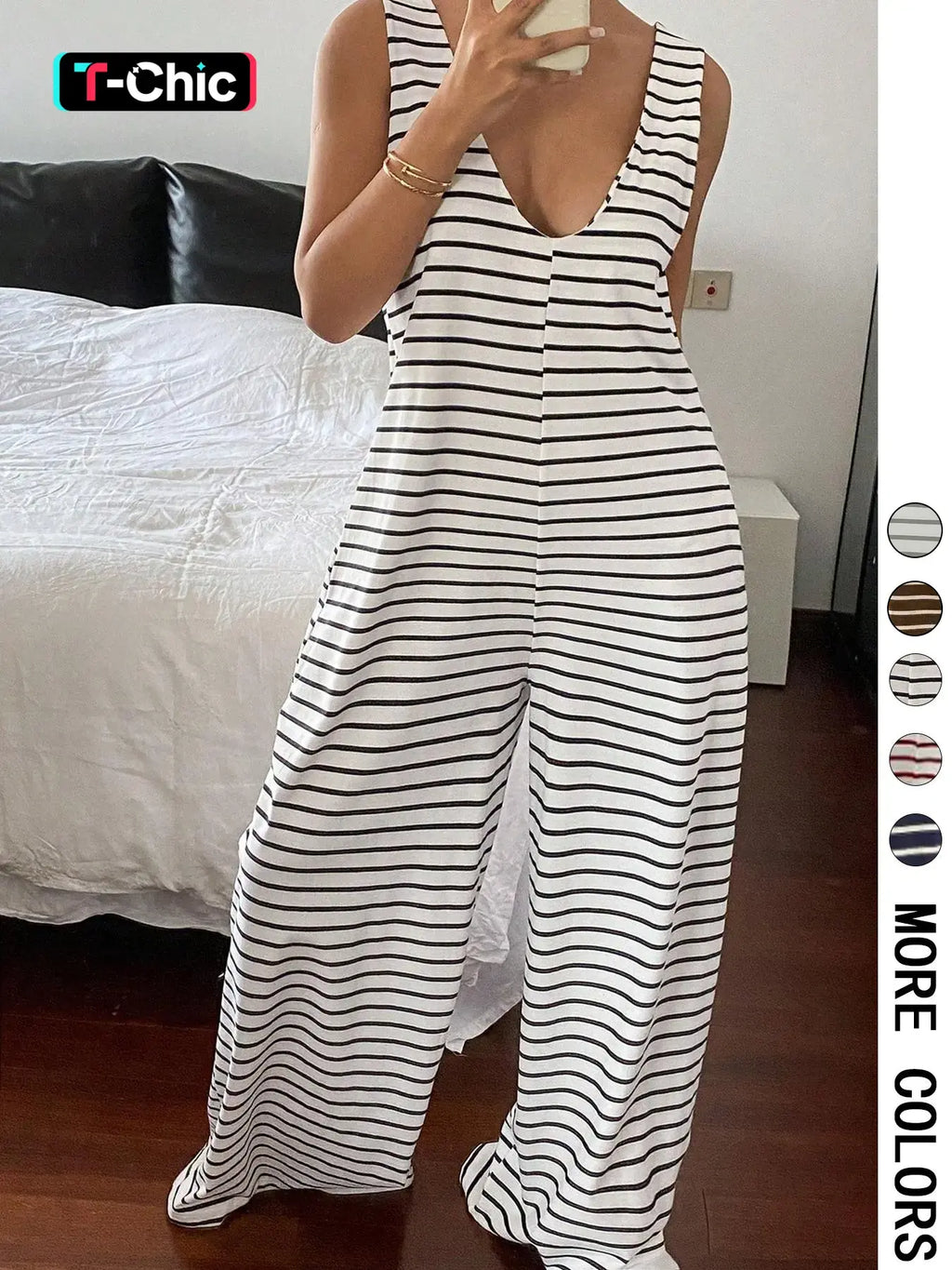 Striped Sleeveless Loose-Fitting Knit Jumpsuit, Casual Overalls, Casual Comfortable One-Piece, Spring & Fall Fashion, Non-Positional Lines Design, Casual Basic Jumpsuit