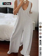 Striped Sleeveless Loose-Fitting Knit Jumpsuit, Casual Overalls, Casual Comfortable One-Piece, Spring & Fall Fashion, Non-Positional Lines Design, Casual Basic Jumpsuit