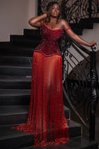Glitter Off Shoulder Patchwork Fringe Hem Party Maxi Dresses-Red