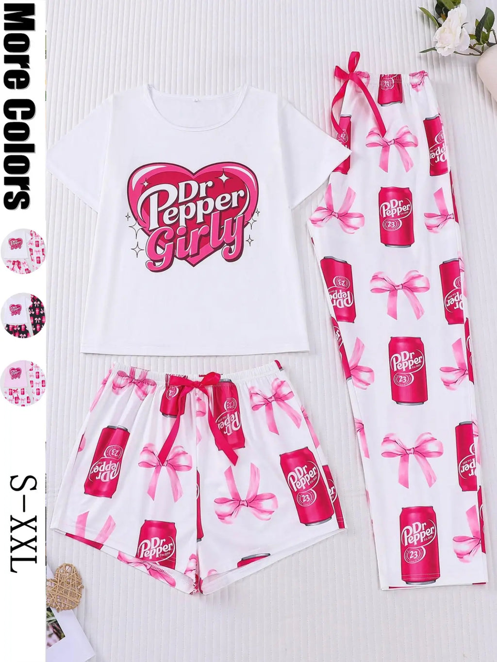 3-Piece Casual Sleepwear Set Pajamas Loungewear for Women Lady with Bow Print