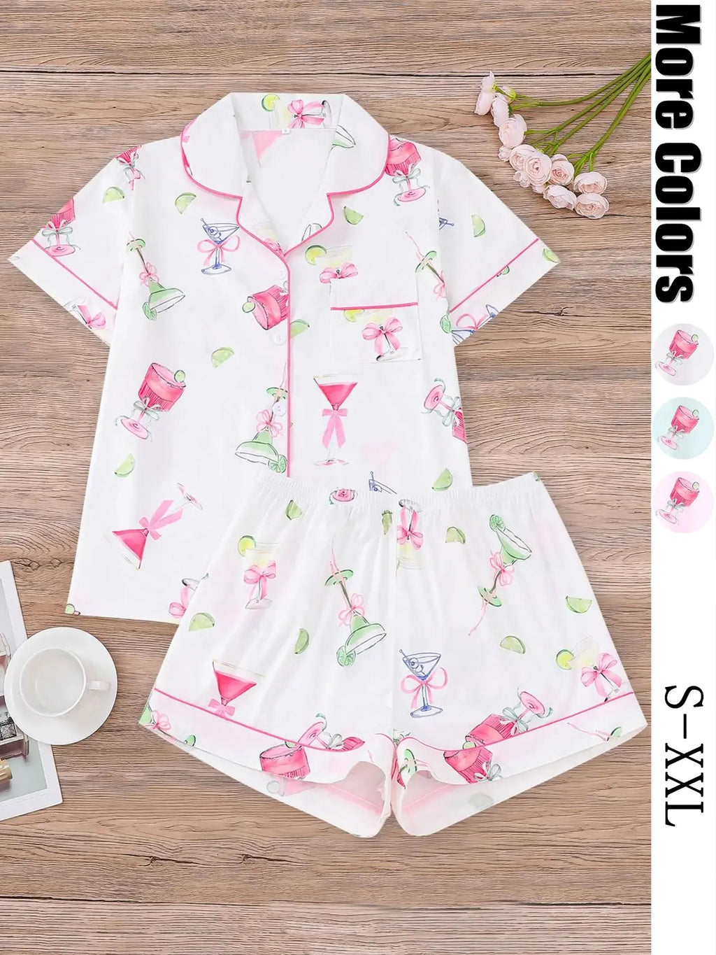 Women's All-Over Cocktail Print Button Front Shirt & Elastic Waist Shorts Pyjama