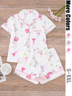Women's All-Over Cocktail Print Button Front Shirt & Elastic Waist Shorts Pyjama