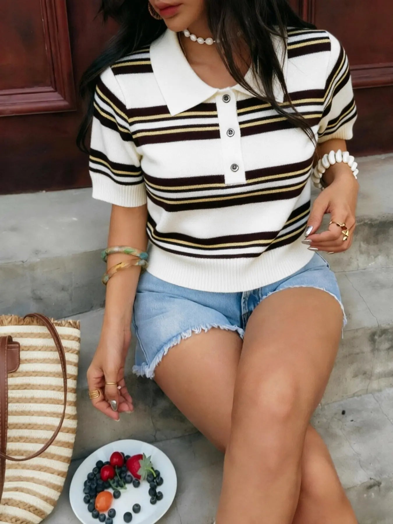 Women's Summer Striped Polo Neck Knit Top, Casual Short Sleeve Pullover, Breathable Slim Fit, Breathable Polo Shirts, Summer Tops