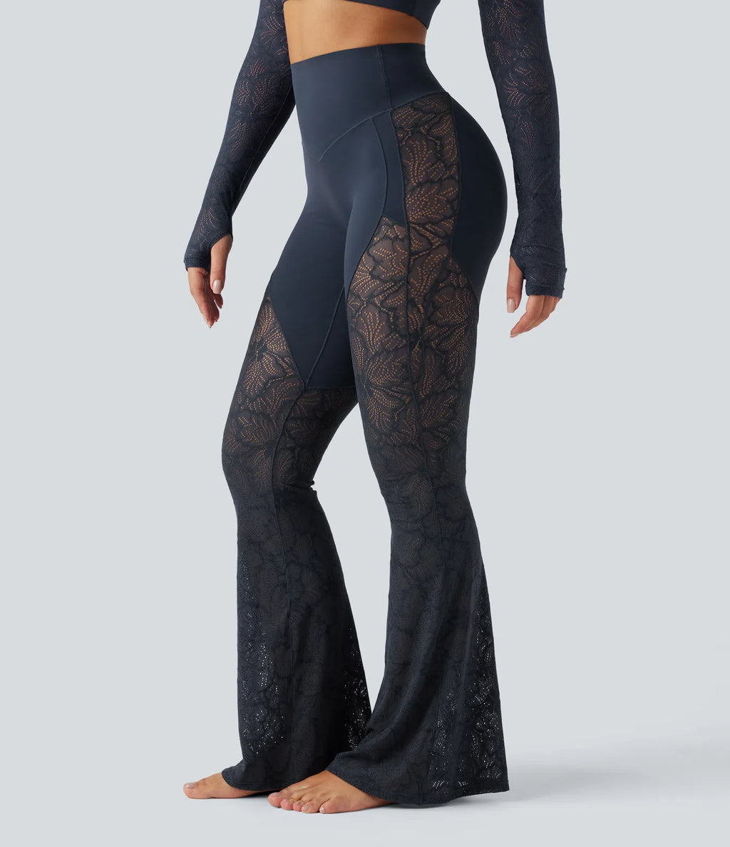 UltraSculptTM High Waisted Tummy Control Contrast Lace Yoga Flare Leggings with Pocket