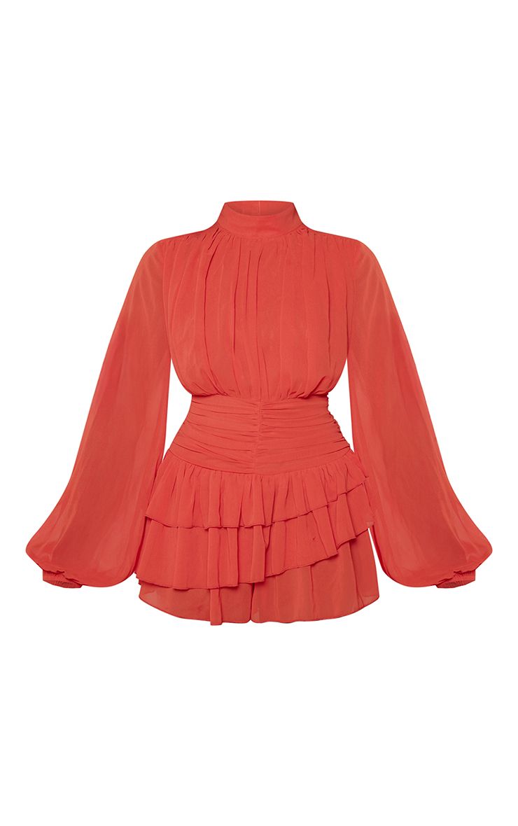 Chiffon High Neck Long Sleeve Frilly Playsuit