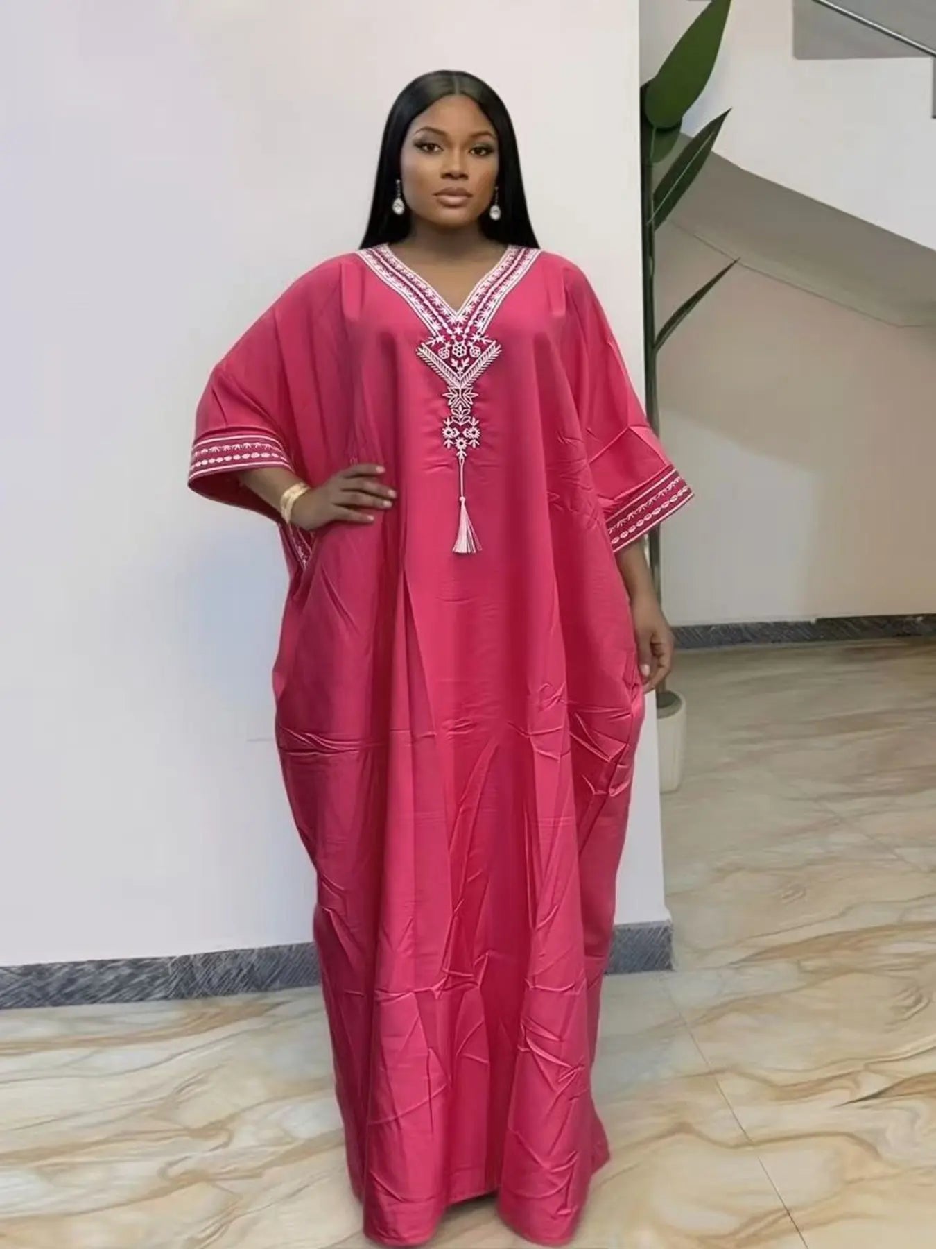 Women's Summer Solid Color Embroidered Fringe Caftan Casual Dress with Pockets and Side Slit