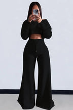 Plain Long Sleeve Crop Sweatshirt Pocket Wide Leg Pants Matching Set-Gray