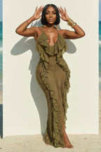 Halter Backless Ruffle Trim Slit Slim Fit Maxi Dresses-Green