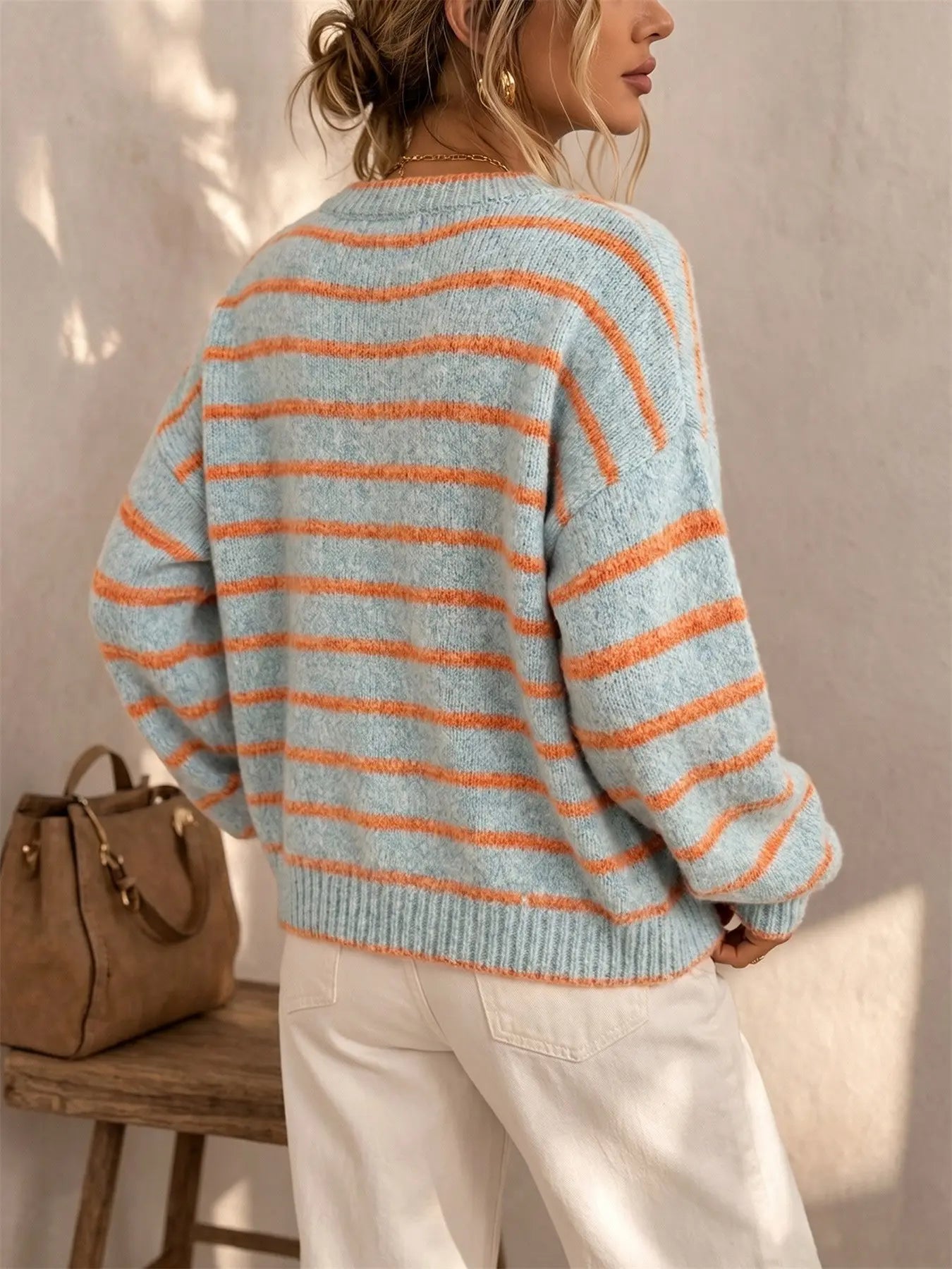 Women's Round Neck Drop Shoulder Single-Breasted Contrast Stripe Long Sleeve Fall/Winter Casual Fashion Loose Versatile Knit Cardigan – Urban Commute, Retro Street Sweater Wear