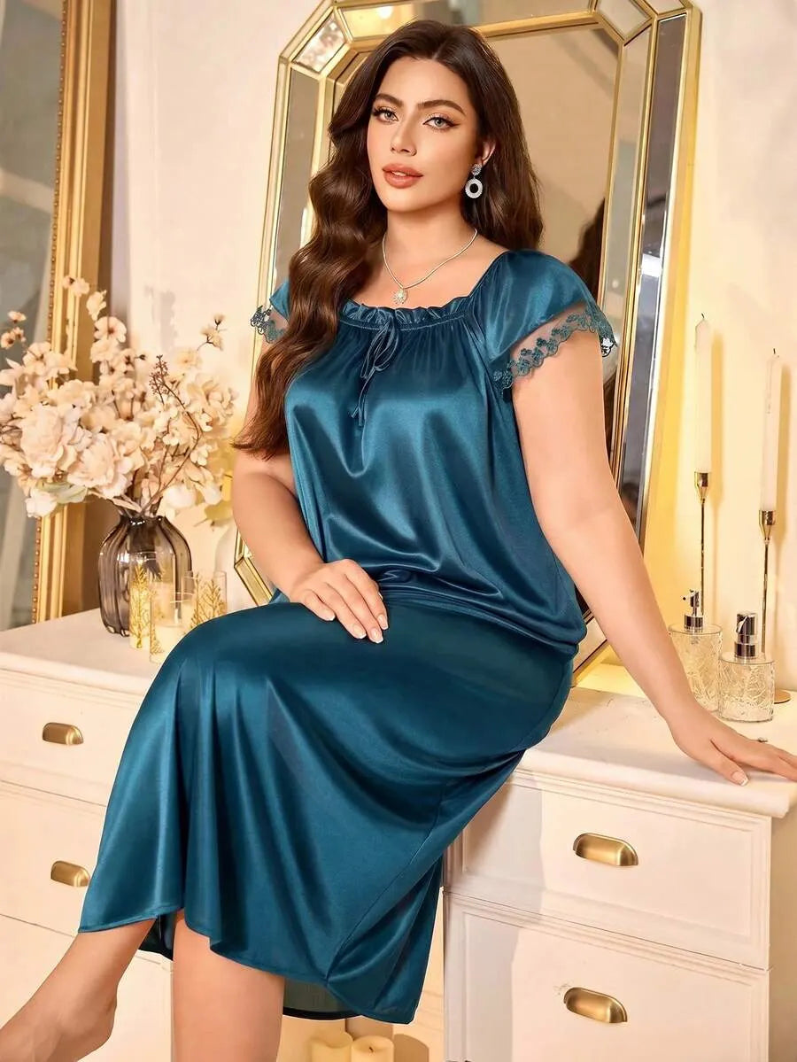 MuseNap CURVE Plus Size Women Pleated Square Collar Embroidered Satin Nightgown