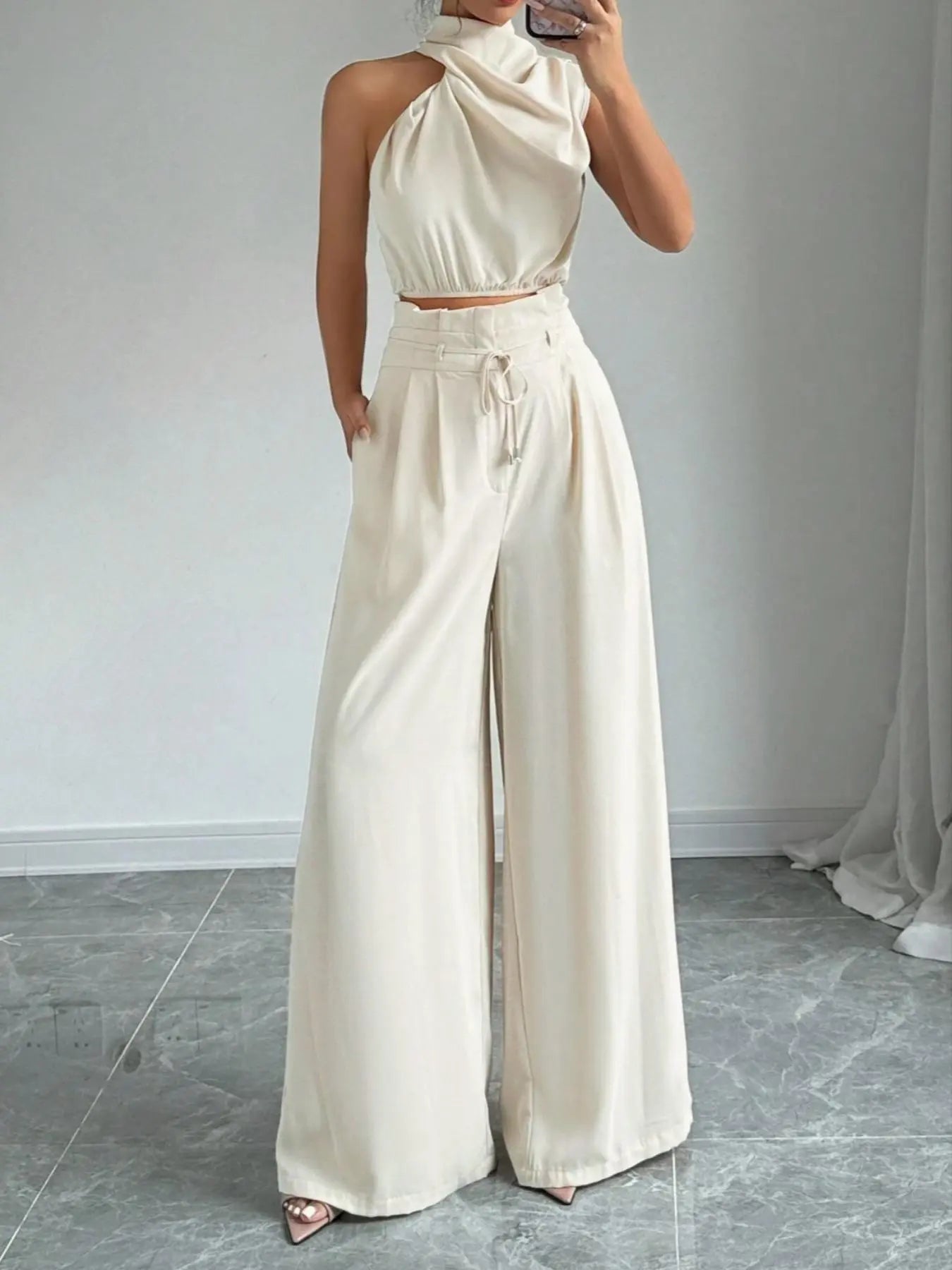 Women's Elegant Two-Piece Set, Irregular Crop Top & Wide-Leg Pants