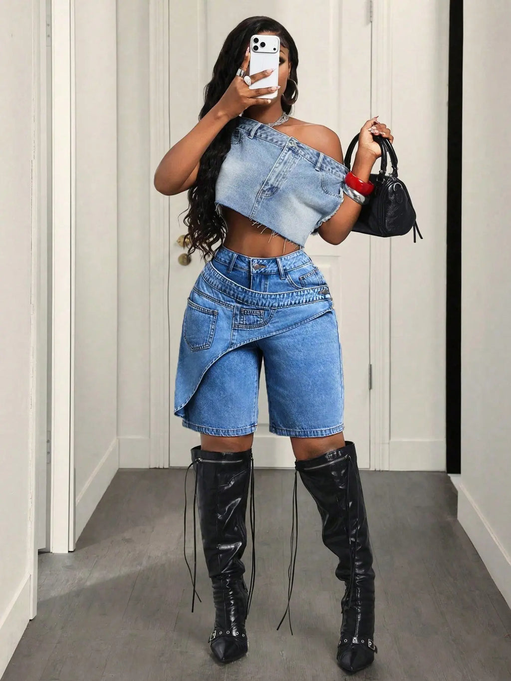 Women's Casual Denim Shorts, Cross-Waist Design, Loose-Fit, Solid Pattern, Trendy Summer Fashion, Perfect for Parties and Daily Wear